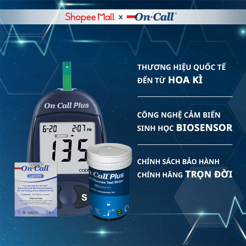 [COMBO] Máy Đo Đường Huyết On Call Plus (MG/DL) Kèm Hộp 25 Que Thử, 100 Kim On Call