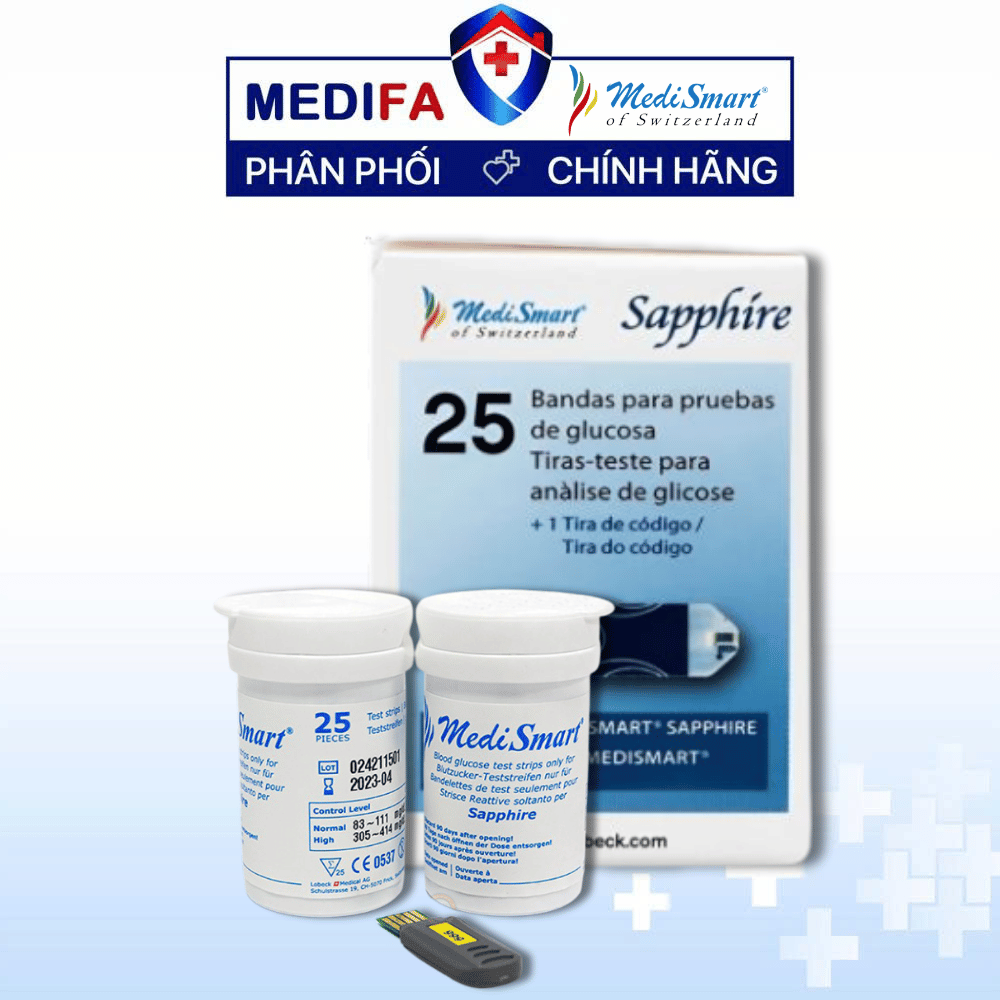Lọ 10 Que Thử Đường Huyết MediSmart Sapphire Plus