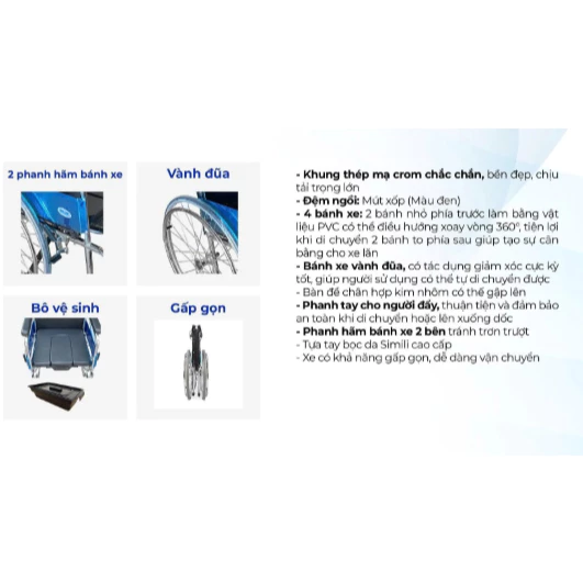 Xe Lăn Bô Mạ Crom Có Phanh Oromi XL-809BB-S, Khung Thép Mạ Crom Chắc Chắn, Bền, Chịu Tải Trọng Lớn