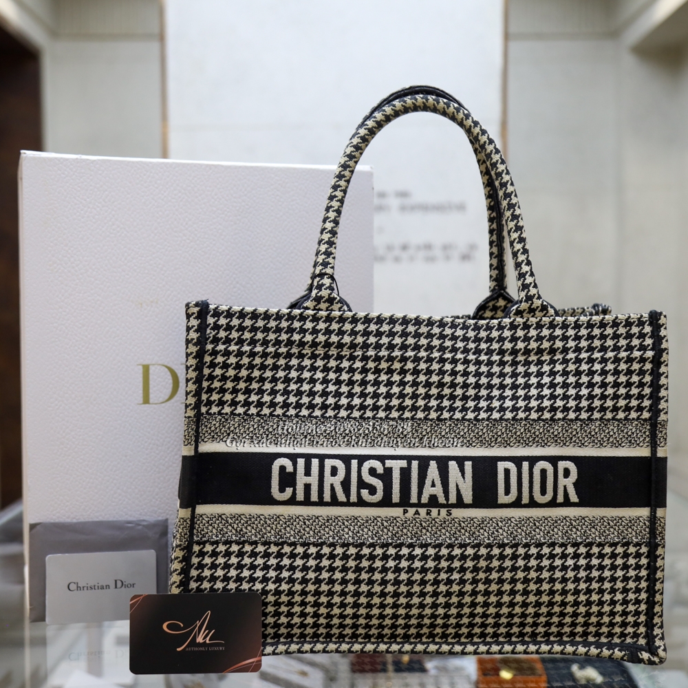 Mini Dior Book Tote Phone Bag Black and White Micro Houndstooth Embroidery  13 x 18 x 5 cm  DIOR