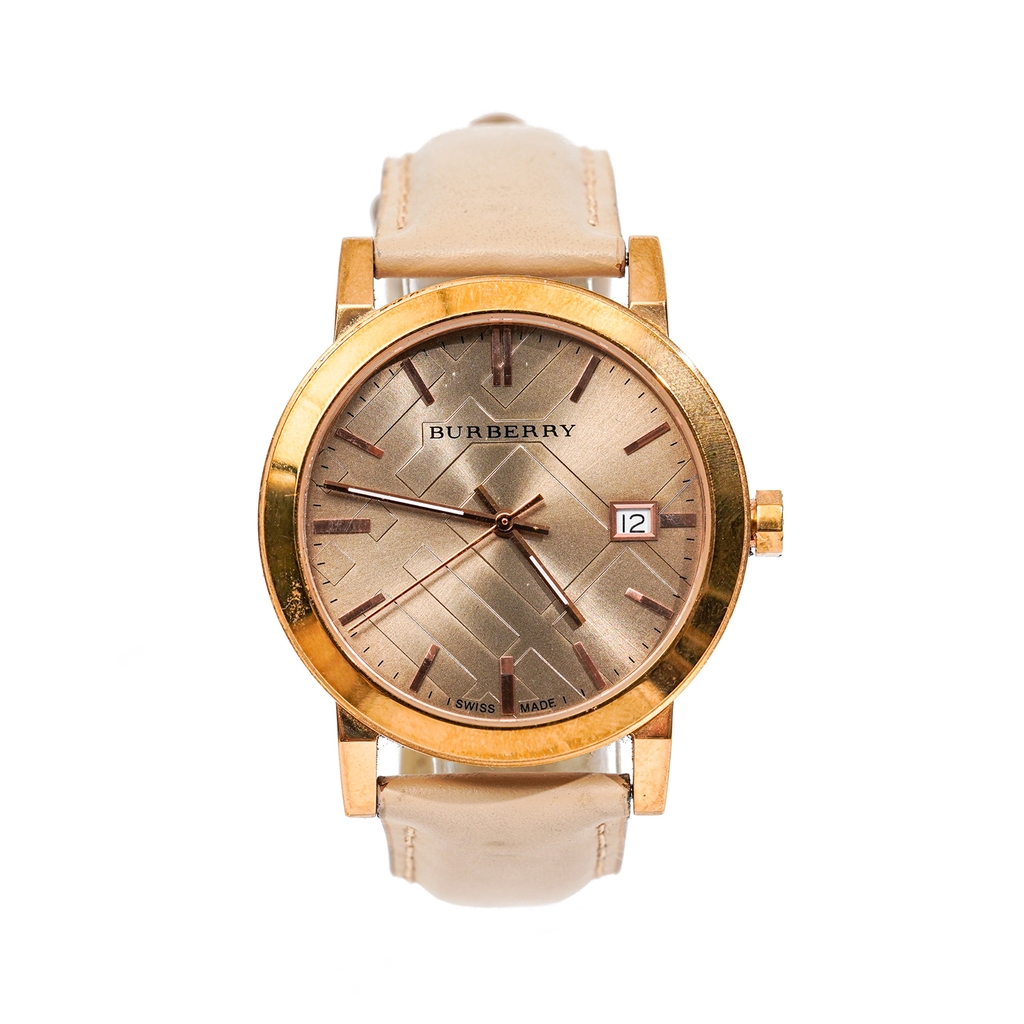 Đồng hồ Burberry The City Check Stamped Round dial Watch Màu Nude Khóa Vàng