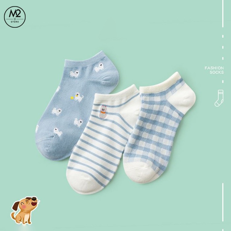Set Tất Vớ Nữ Cổ Ngắn Caramella 3 Đôi Họa Tiết Cún Con Cực Đáng Yêu TNG53