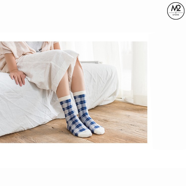 Set Tất Vớ Nữ CARAMELLA 4 Đôi Cao Cấp Cute Caro Xanh Phong Cách Houndstooth Nhật Bản TNG46