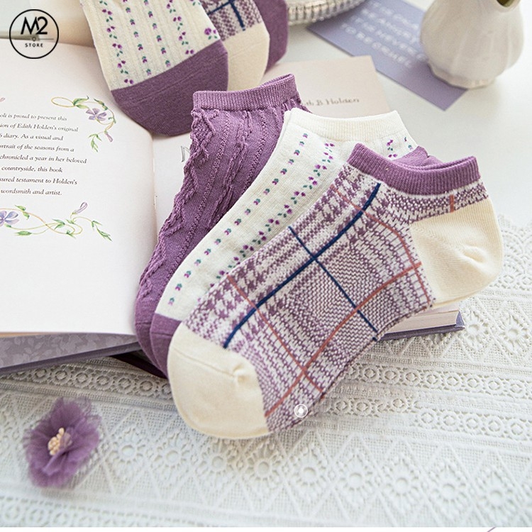 Set Tất Vớ Lười, Cổ Ngắn Caramella 3 Đôi Tím Hoa Thủy Chung TNG50