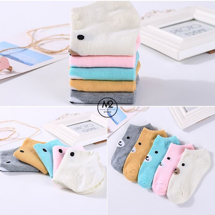 Set 5 Đôi Vớ Tất Nữ Cổ Ngắn Mặt Gấu Đơn Giản TNG29