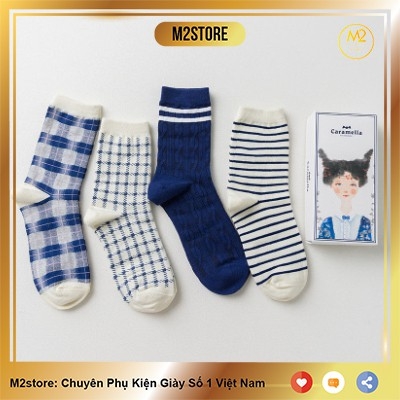 Set Tất Vớ Nữ CARAMELLA 4 Đôi Cao Cấp Cute Caro Xanh Phong Cách Houndstooth Nhật Bản TNG46