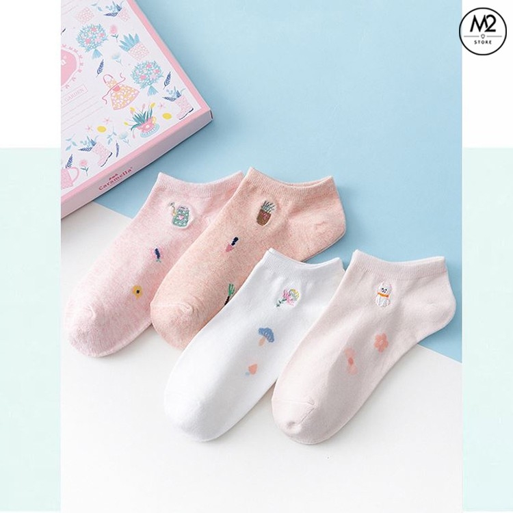 Set Tất Vớ Nữ Cổ Ngắn Caramella 4 Đôi Cao Cấp Sa Mạc Hoa Cute TNG47