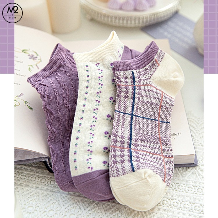 Set Tất Vớ Lười, Cổ Ngắn Caramella 3 Đôi Tím Hoa Thủy Chung TNG50