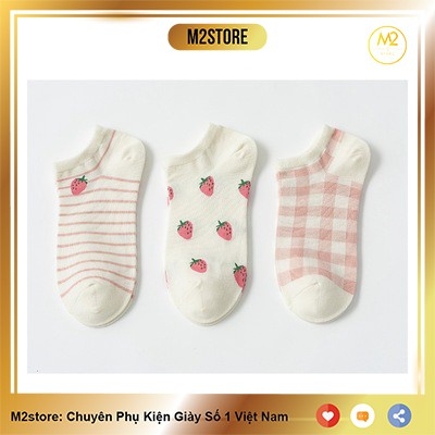 Set Tất Vớ Nữ Lười, Cổ Ngắn Caramella 3 Đôi Hồng Trắng Dâu Ngọt Ngào Thanh Xuân TNG52