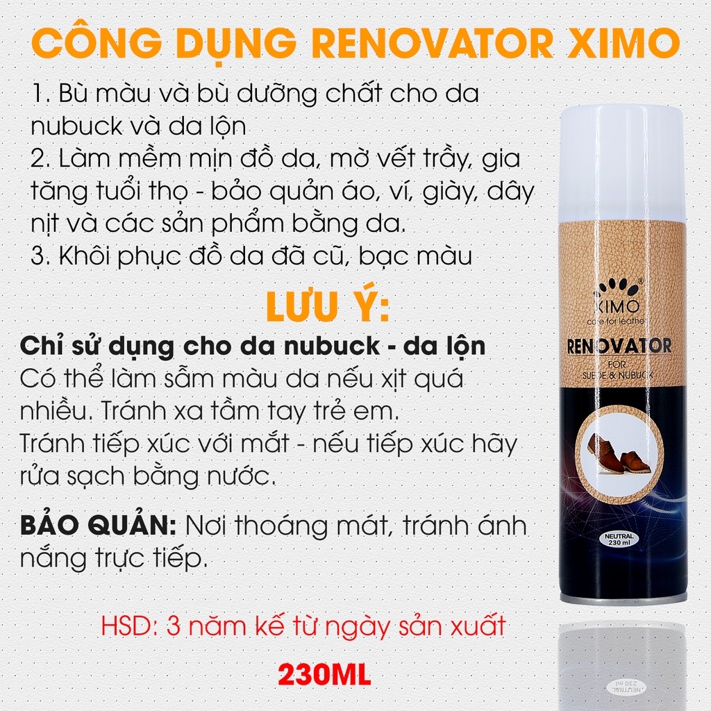 Chai xịt dưỡng phục hồi màu nubuck và da lộn Renovator Ximo cao cấp cho giày, áo khoác, túi xách, ví, áo XI12