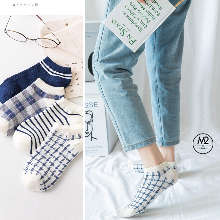 Tất Nữ Cổ Cao Kẻ Sọc Caro Phong Cách Houndstooth Nhật Bản TNG10
