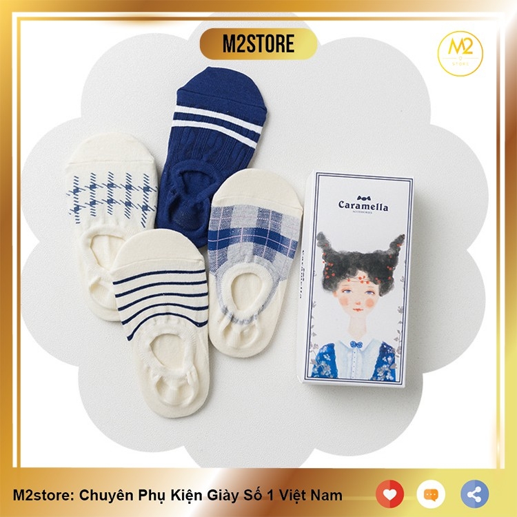 Set Tất Vớ Nữ CARAMELLA 4 Đôi Cao Cấp Cute Caro Xanh Phong Cách Houndstooth Nhật Bản TNG46