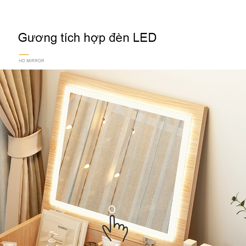 Bàn trang điểm thiết kế ngồi bệt, tích hợp đèn LED có nút cảm ứng thông minh, hộc tủ chứa đồ phù hợp cho không gian hẹp