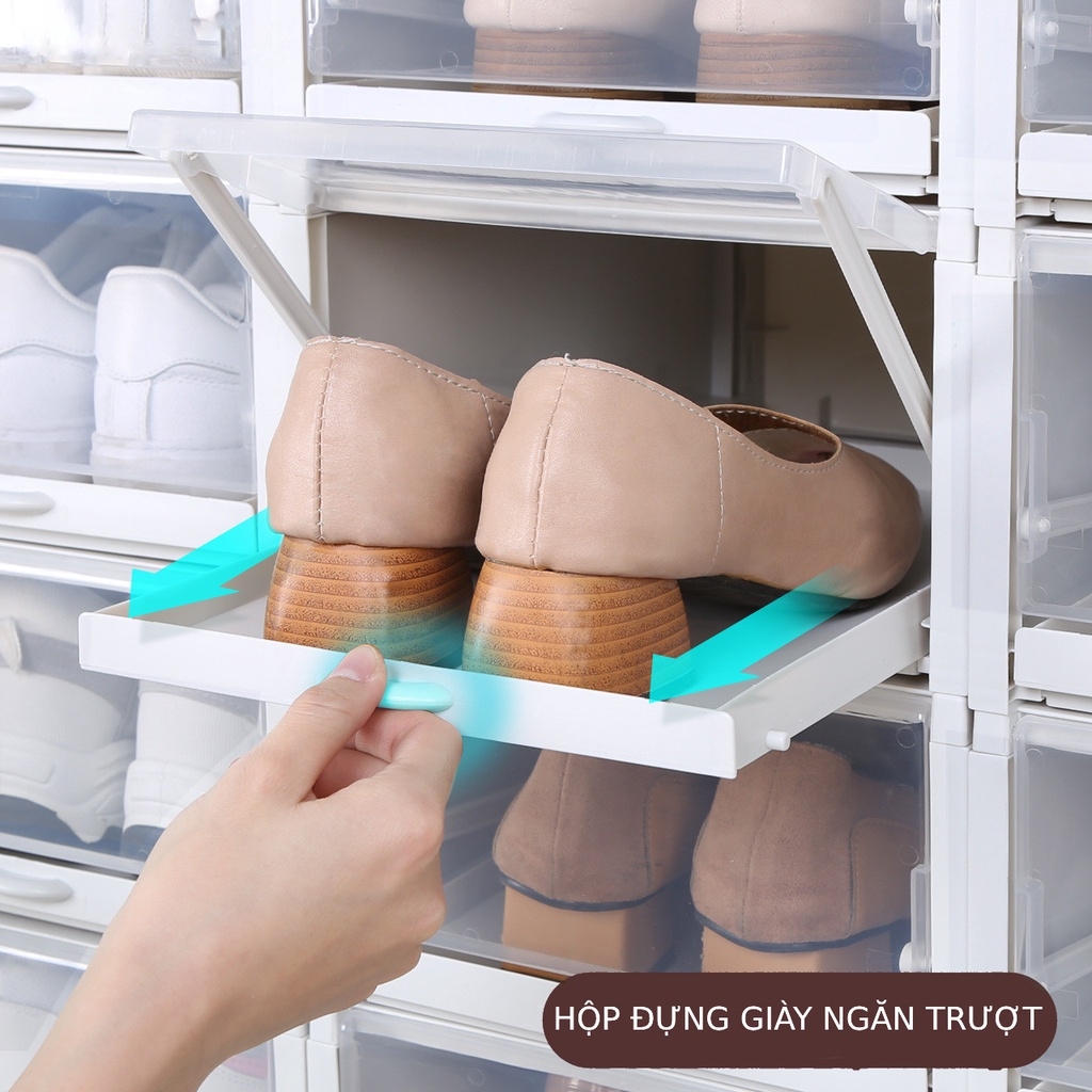 Hộp đựng giày nhựa cứng có ngăn kéo trượt, kệ giày đa năng lắp ráp có lỗ thoáng khí