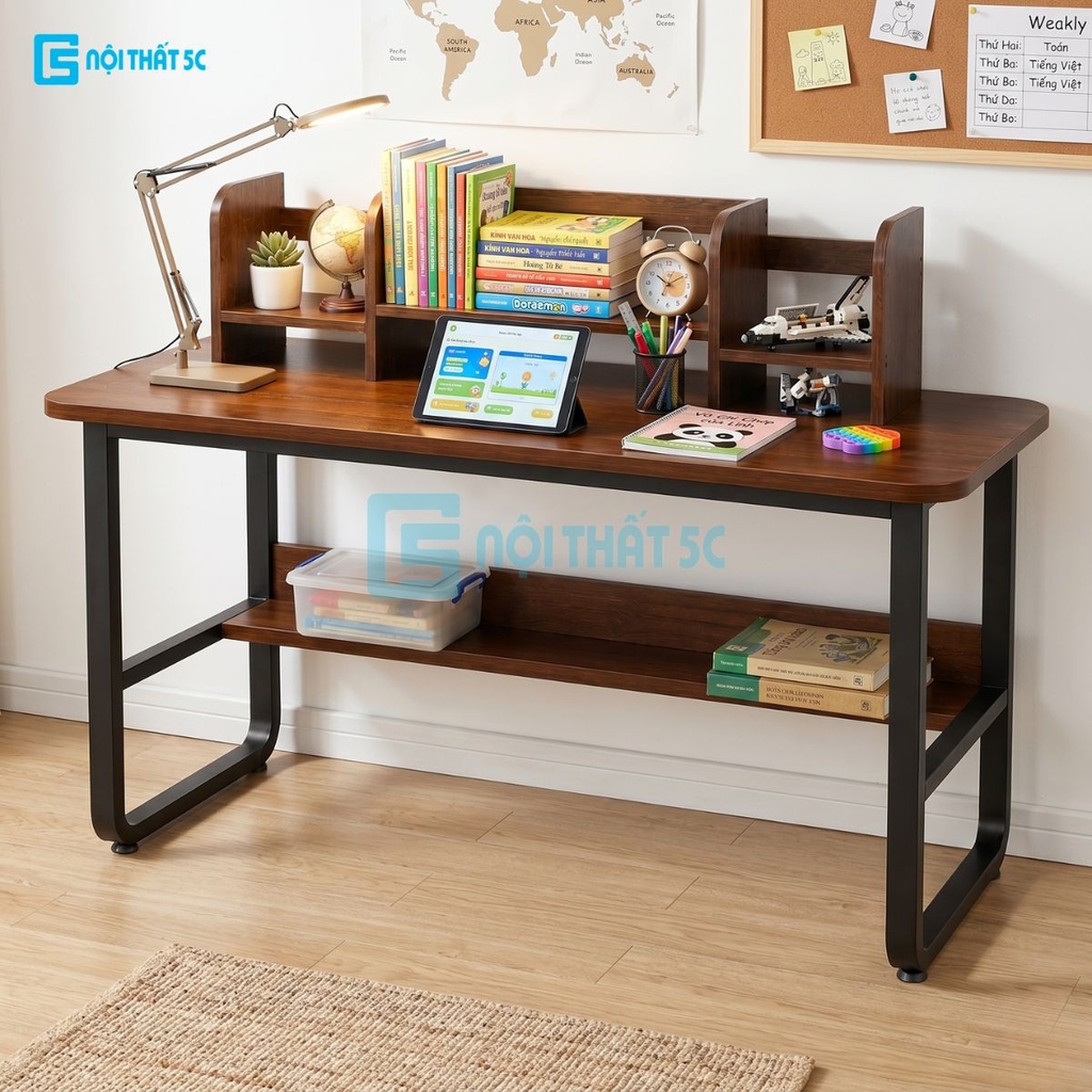 Bàn Học 1m2 Có Kệ Sách, Bàn Làm Việc Gỗ MDF Cao Cấp Khung Sắt Sơn Tĩnh Điện