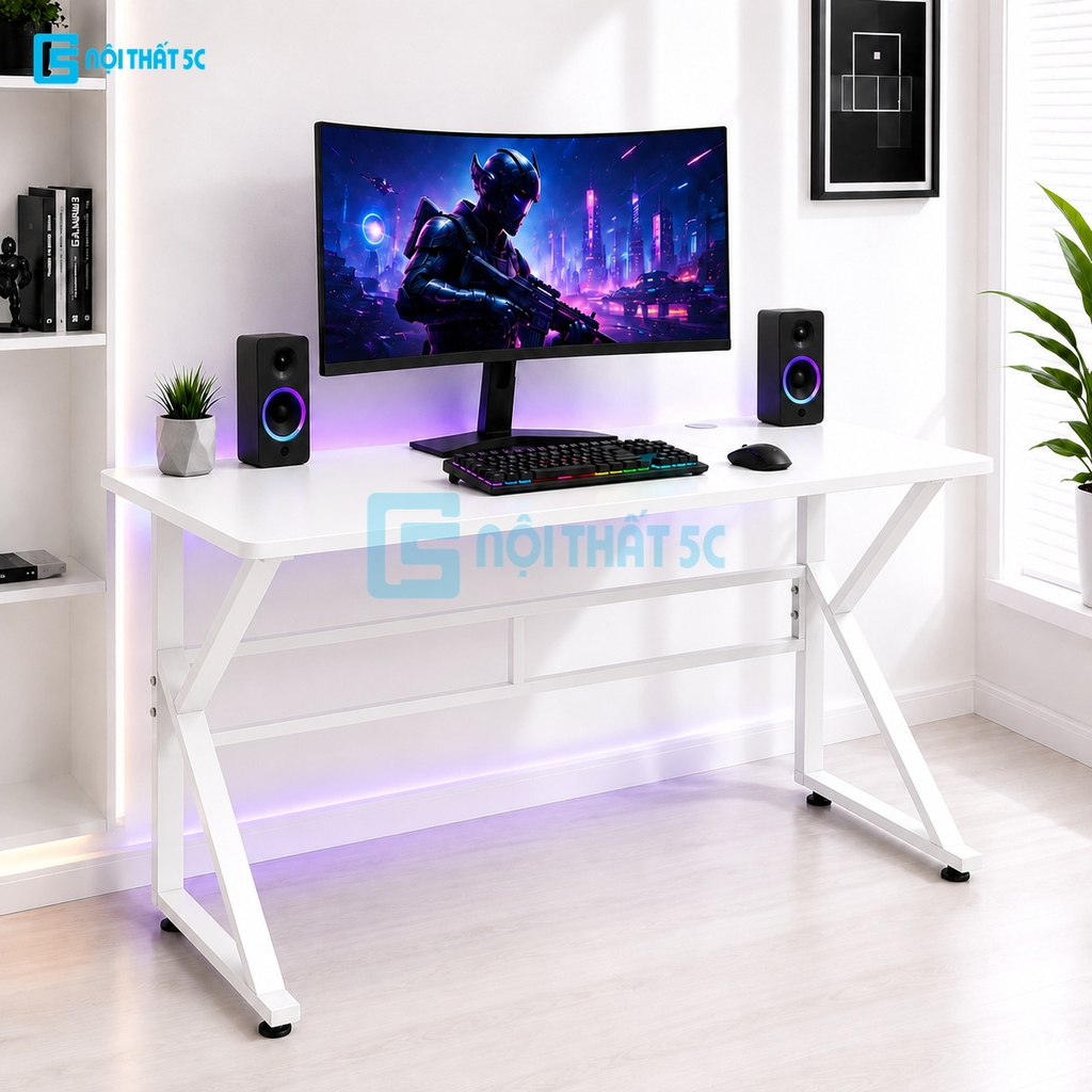 Bàn Gaming K Plus BH2002 2 thanh trợ lực, bàn làm việc kết nối 2 chân thanh giằng sắt kháng rung, bàn máy tính, bàn học khung sắt chân chữ K
