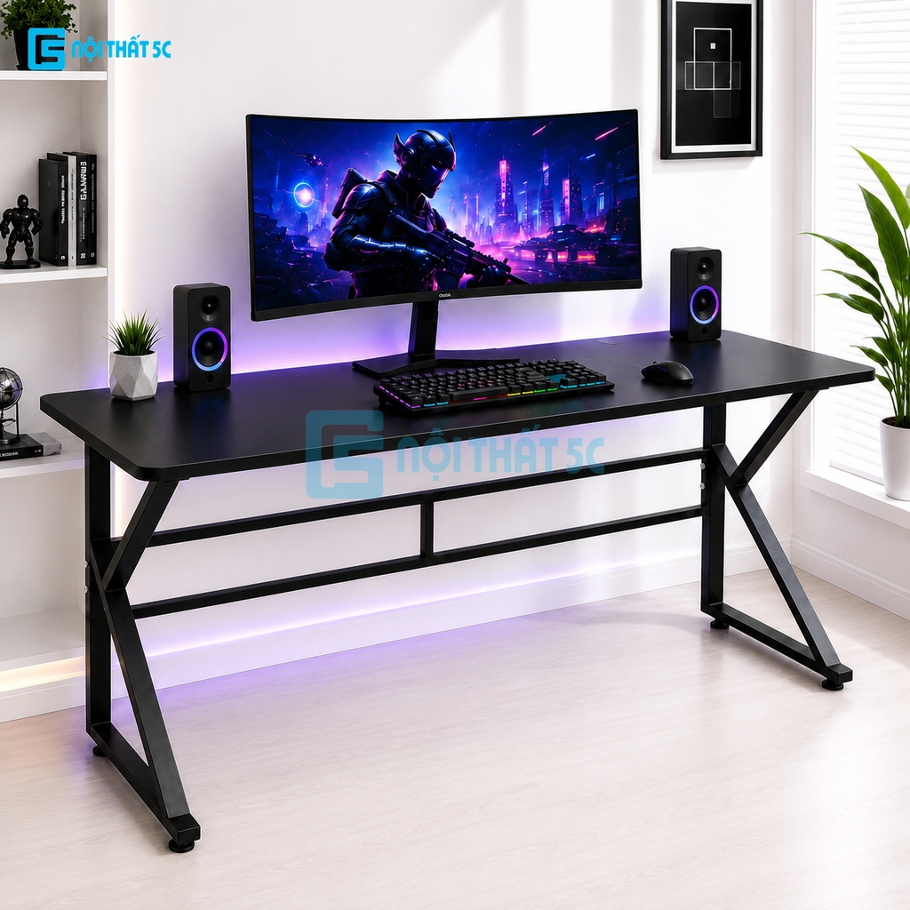 Bàn Gaming K Plus BH2002 2 thanh trợ lực, bàn làm việc kết nối 2 chân thanh giằng sắt kháng rung, bàn máy tính, bàn học khung sắt chân chữ K