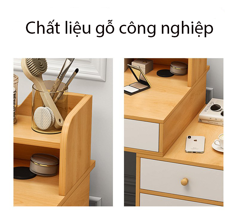 Bàn trang điểm chân gỗ tự nhiên chắc chắn kèm tủ lưu trữ đồ đa năng, bàn phấn đơn giản hiện đại có đèn LED cảm ứng