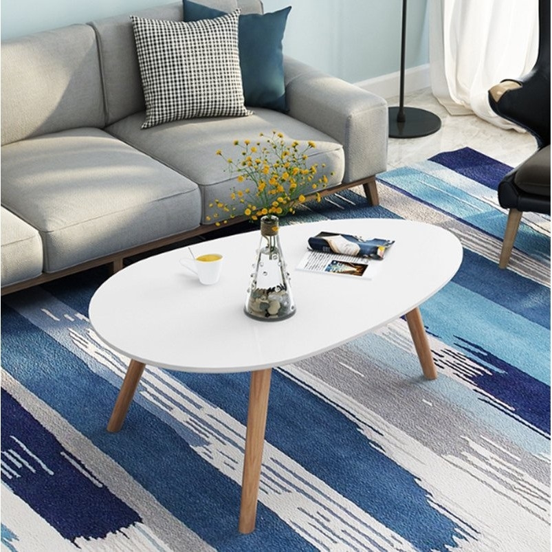Bàn sofa, bàn trà phòng khách hình trứng chân gỗ sồi tự nhiên có nệm chân chống xước