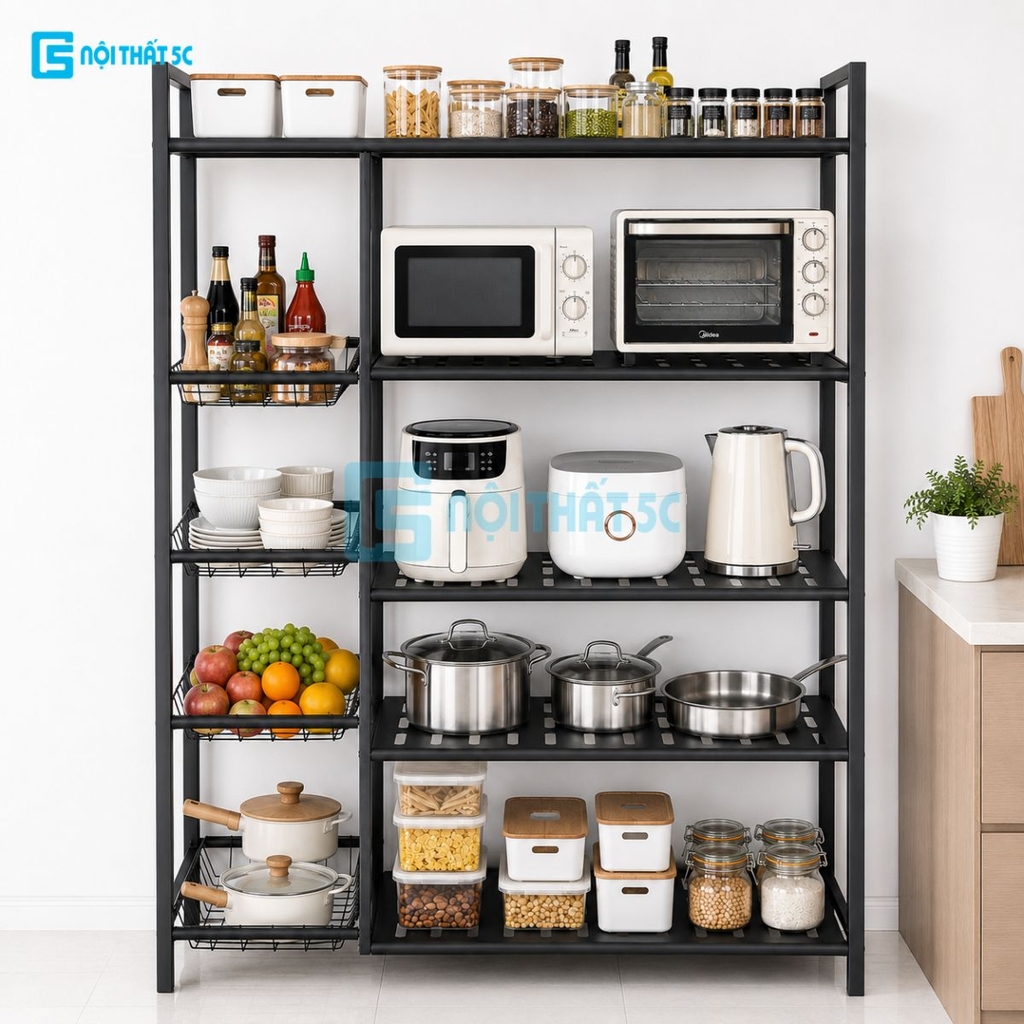 Kệ để đồ nhà bếp 3,4 tầng có bánh xe, Kệ để lò vi sóng tiện lợi mặt gỗ để đồ thông minh khung thép, Kệ đựng lò vi sóng lò nướng có giỏ lưới đựng màu đen