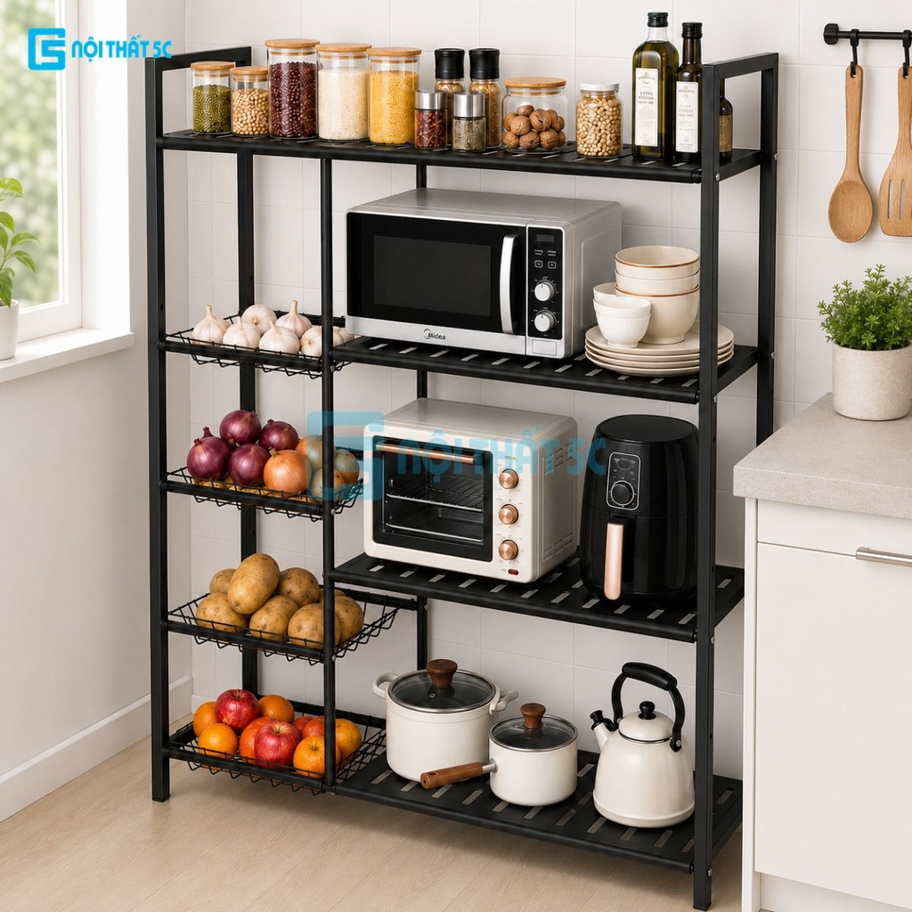Kệ để đồ nhà bếp 3,4 tầng có bánh xe, Kệ để lò vi sóng tiện lợi mặt gỗ để đồ thông minh khung thép, Kệ đựng lò vi sóng lò nướng có giỏ lưới đựng màu đen