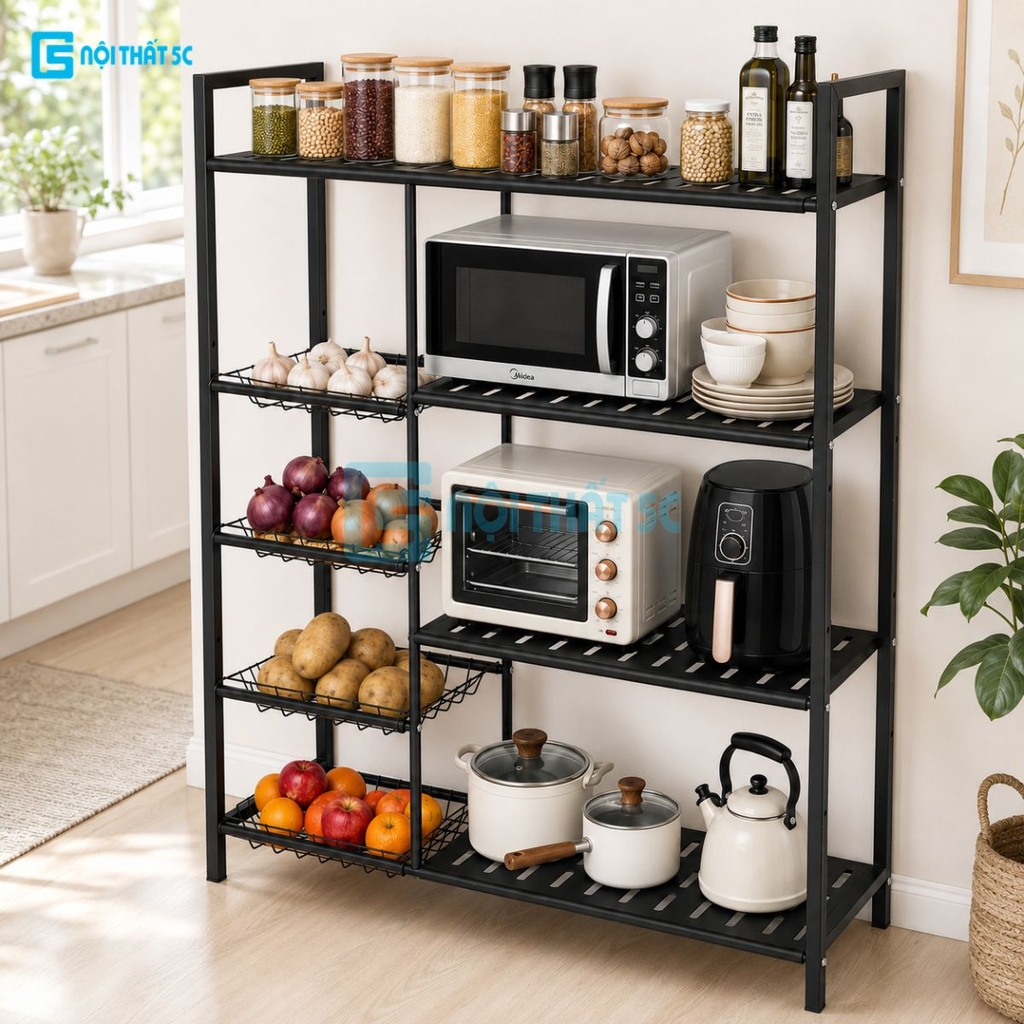 Kệ để đồ nhà bếp 3,4 tầng có bánh xe, Kệ để lò vi sóng tiện lợi mặt gỗ để đồ thông minh khung thép, Kệ đựng lò vi sóng lò nướng có giỏ lưới đựng màu đen
