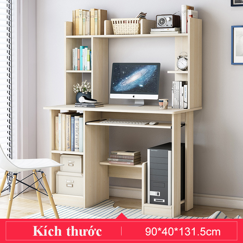 Bàn học tập làm việc lắp ghép kèm giá để sách tiện lợi, bàn máy tính gỗ MDF dễ lau chùi có hộc tủ lưu trữ đồ