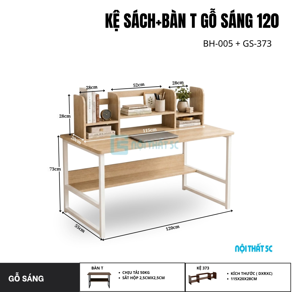 Bàn học, bàn làm việc kèm kệ sách chân sắt sơn tĩnh điện, hai màu sáng tối, chiều dài 120cm