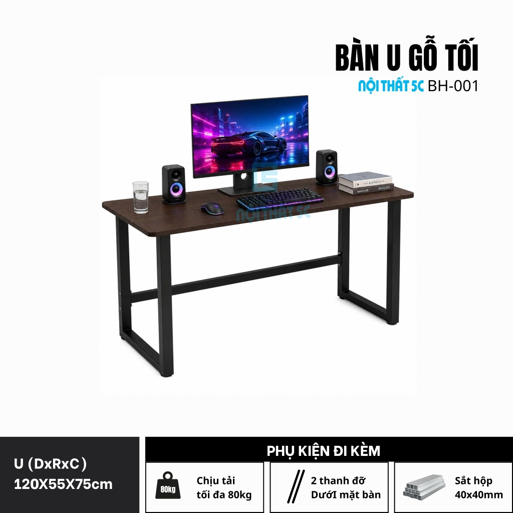 Chân U nâng cấp chân sắt 40x40mm mặt bo uốn cong kích thước 120cm 140cm