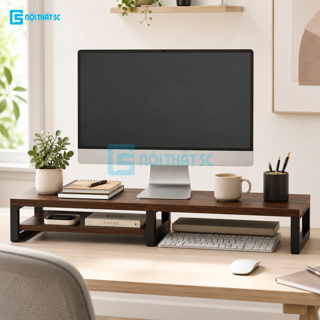 Kệ để máy tính laptop, kệ kê màn hình máy tính bằng gỗ MDF để bàn bo góc có ngăn