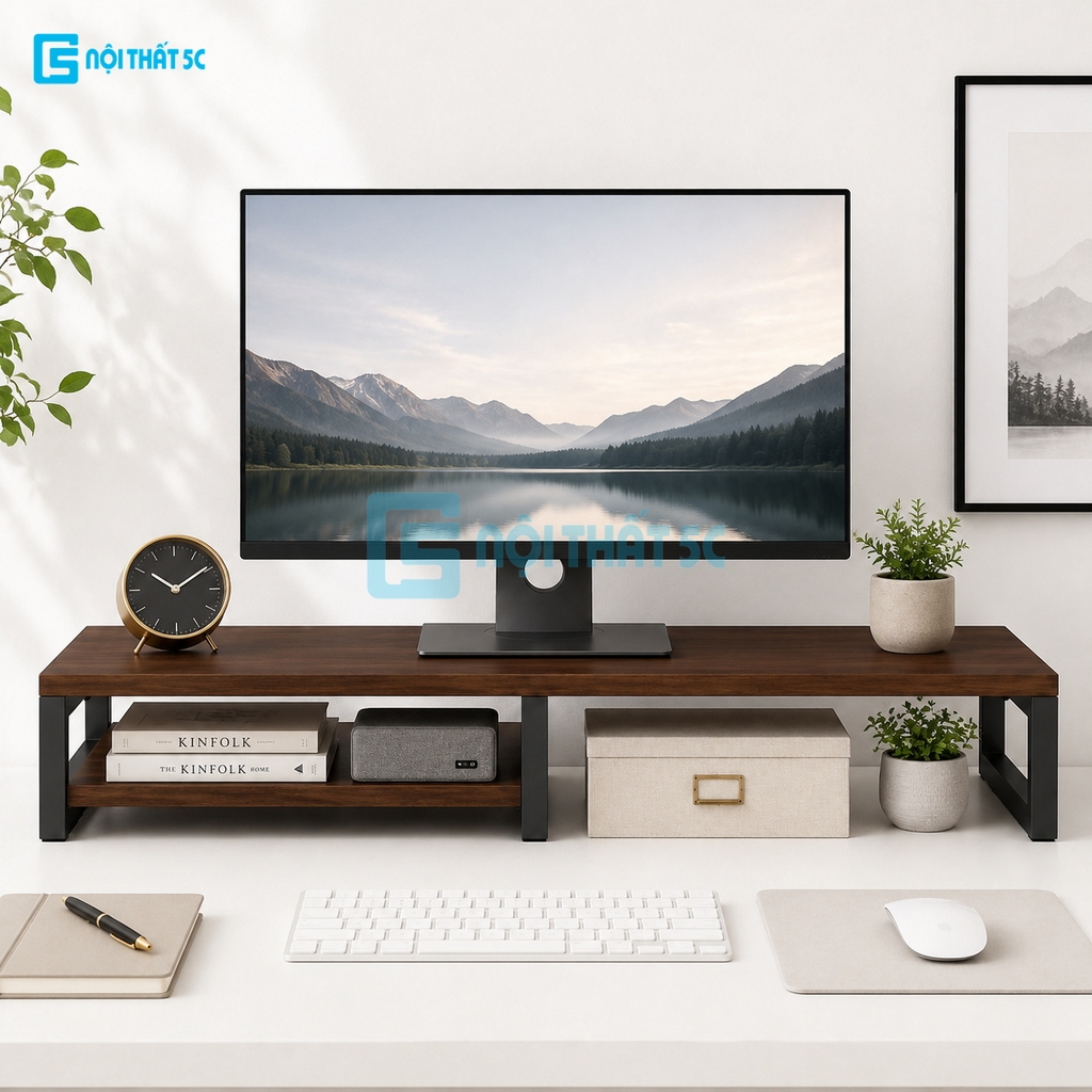 Kệ để máy tính laptop, kệ kê màn hình máy tính bằng gỗ MDF để bàn bo góc có ngăn