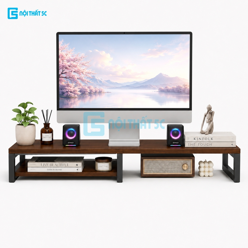 Kệ để máy tính laptop, kệ kê màn hình máy tính bằng gỗ MDF để bàn bo góc có ngăn