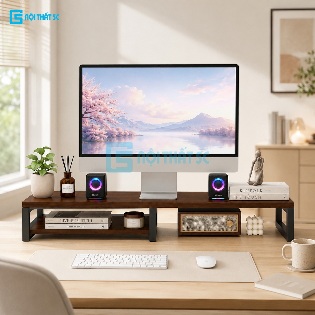 Kệ để máy tính laptop, kệ kê màn hình máy tính bằng gỗ MDF để bàn bo góc có ngăn