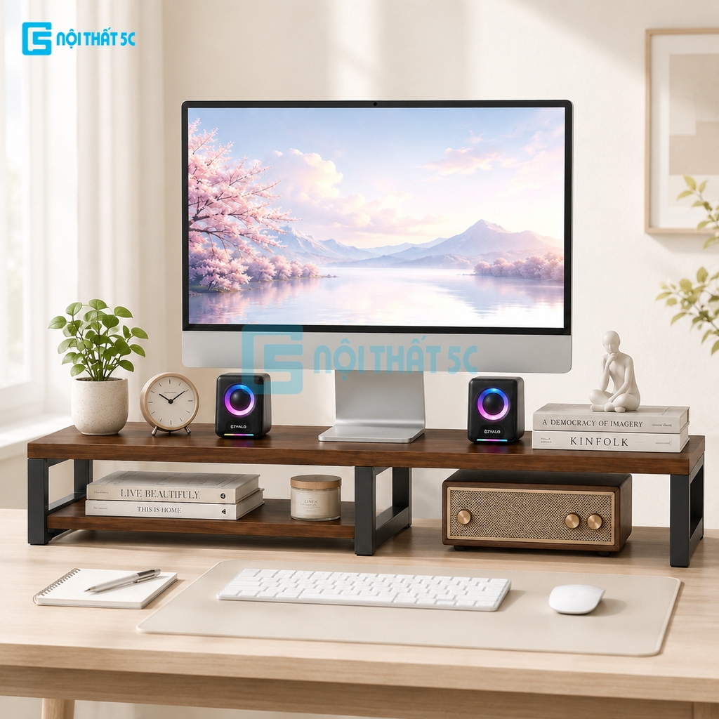 Kệ để máy tính laptop, kệ kê màn hình máy tính bằng gỗ MDF để bàn bo góc có ngăn