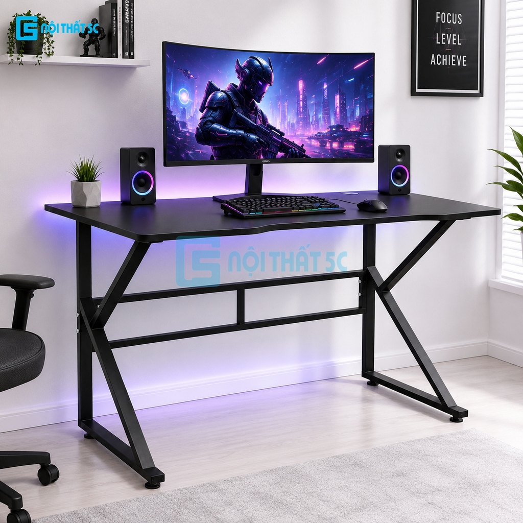 Bàn Gaming K Plus BH2002 2 thanh trợ lực, bàn làm việc kết nối 2 chân thanh giằng sắt kháng rung, bàn máy tính, bàn học khung sắt chân chữ K