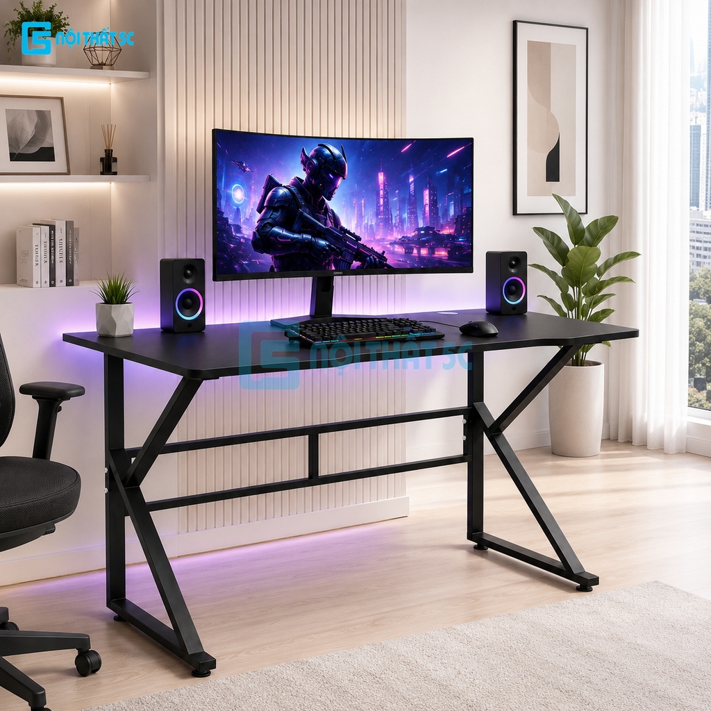 Bàn Gaming K Plus BH2002 2 thanh trợ lực, bàn làm việc kết nối 2 chân thanh giằng sắt kháng rung, bàn máy tính, bàn học khung sắt chân chữ K