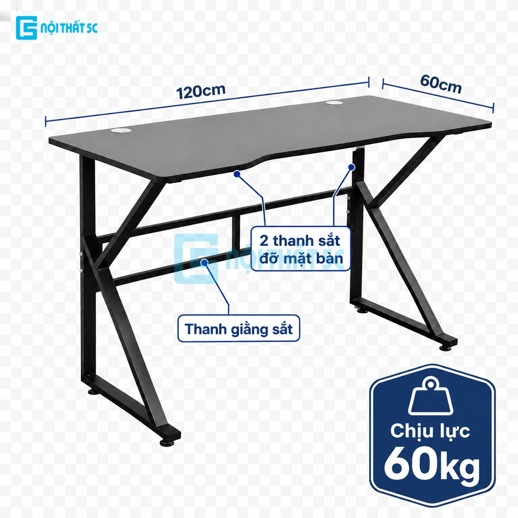 Bàn Gaming K Plus BH2002 2 thanh trợ lực, bàn làm việc kết nối 2 chân thanh giằng sắt kháng rung, bàn máy tính, bàn học khung sắt chân chữ K