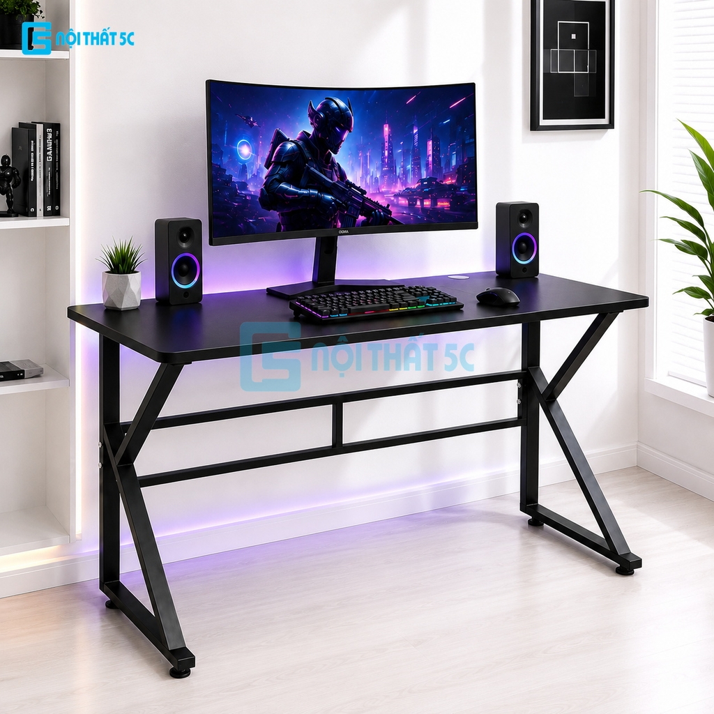 Bàn Gaming K Plus BH2002 2 thanh trợ lực, bàn làm việc kết nối 2 chân thanh giằng sắt kháng rung, bàn máy tính, bàn học khung sắt chân chữ K