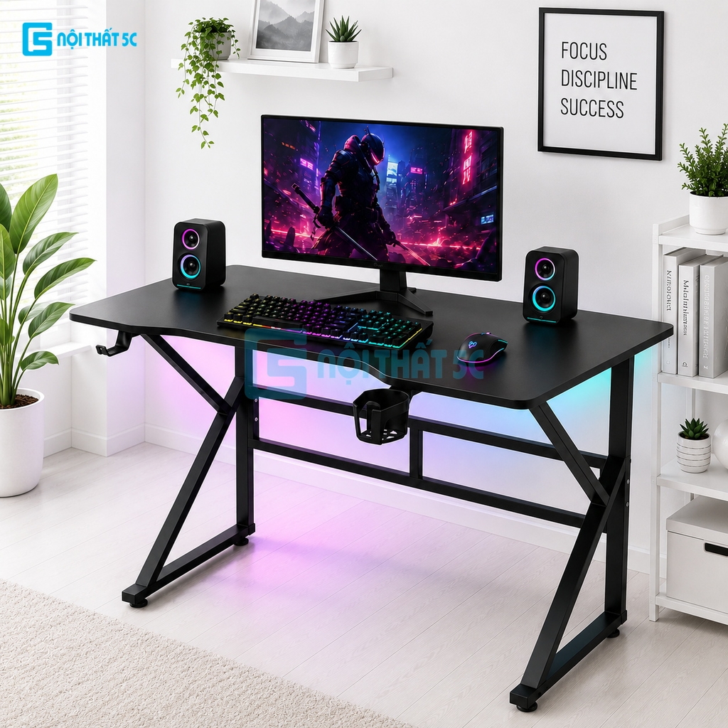 Bàn Gaming K Plus BH2002 2 thanh trợ lực, bàn làm việc kết nối 2 chân thanh giằng sắt kháng rung, bàn máy tính, bàn học khung sắt chân chữ K
