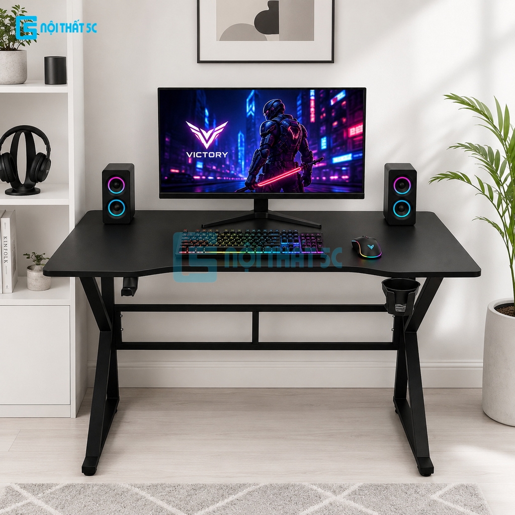 Bàn Gaming K Plus BH2002 2 thanh trợ lực, bàn làm việc kết nối 2 chân thanh giằng sắt kháng rung, bàn máy tính, bàn học khung sắt chân chữ K