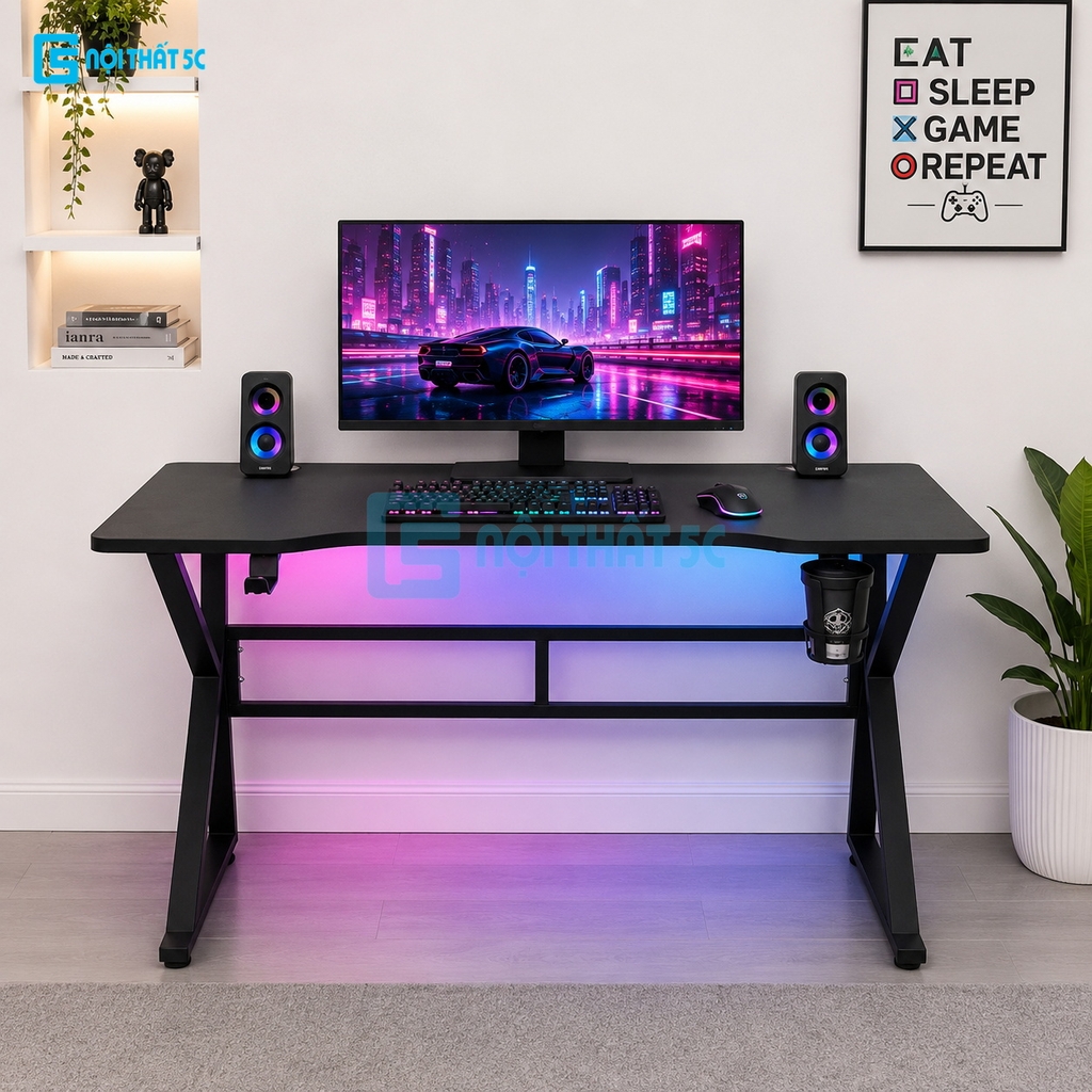 Bàn Gaming K Plus BH2002 2 thanh trợ lực, bàn làm việc kết nối 2 chân thanh giằng sắt kháng rung, bàn máy tính, bàn học khung sắt chân chữ K