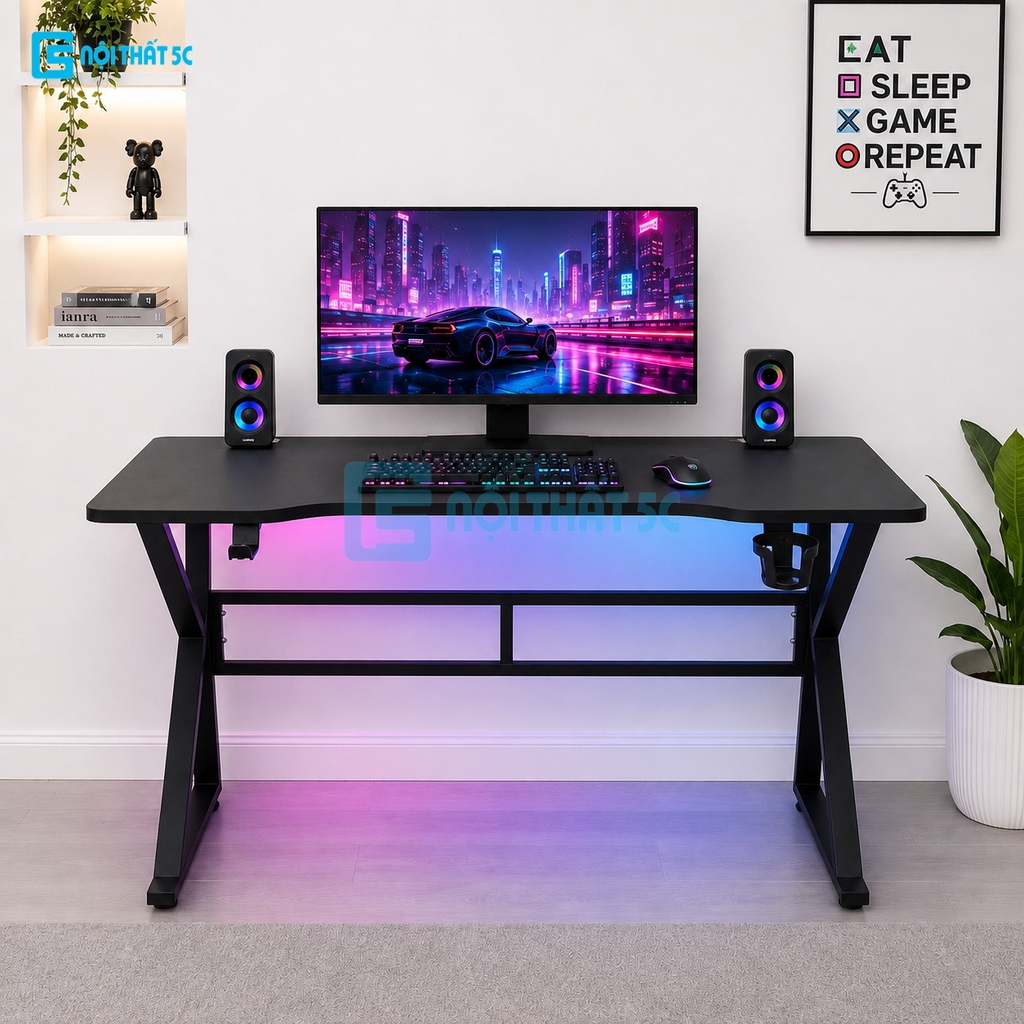 Bàn Gaming K Plus BH2002 2 thanh trợ lực, bàn làm việc kết nối 2 chân thanh giằng sắt kháng rung, bàn máy tính, bàn học khung sắt chân chữ K