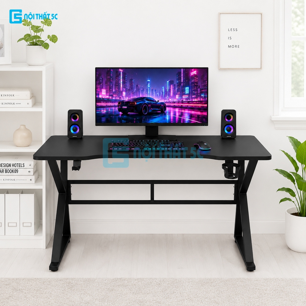 Bàn Gaming K Plus BH2002 2 thanh trợ lực, bàn làm việc kết nối 2 chân thanh giằng sắt kháng rung, bàn máy tính, bàn học khung sắt chân chữ K