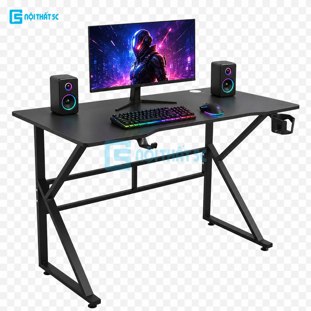 Bàn Gaming K Plus BH2002 2 thanh trợ lực, bàn làm việc kết nối 2 chân thanh giằng sắt kháng rung, bàn máy tính, bàn học khung sắt chân chữ K