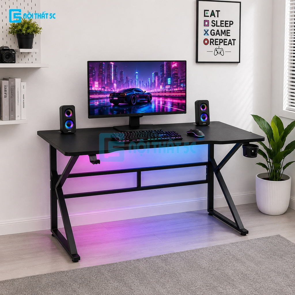 Bàn Gaming K Plus BH2002 2 thanh trợ lực, bàn làm việc kết nối 2 chân thanh giằng sắt kháng rung, bàn máy tính, bàn học khung sắt chân chữ K