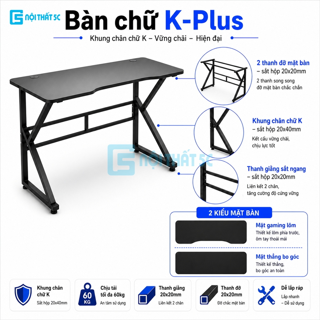 Bàn Gaming K Plus BH2002 2 thanh trợ lực, bàn làm việc kết nối 2 chân thanh giằng sắt kháng rung, bàn máy tính, bàn học khung sắt chân chữ K