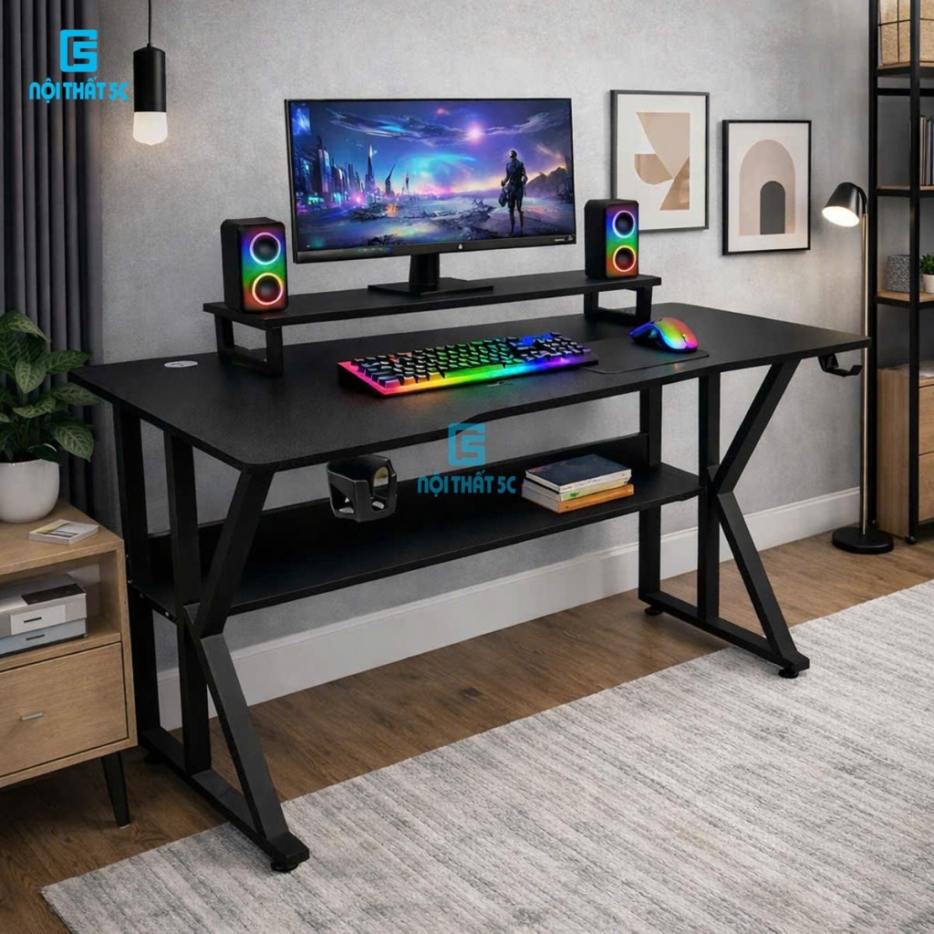 Bàn gaming, bàn làm việc có kệ lửng kèm phụ kiện giá đựng cốc và giá treo tai nghe tiện lợi
