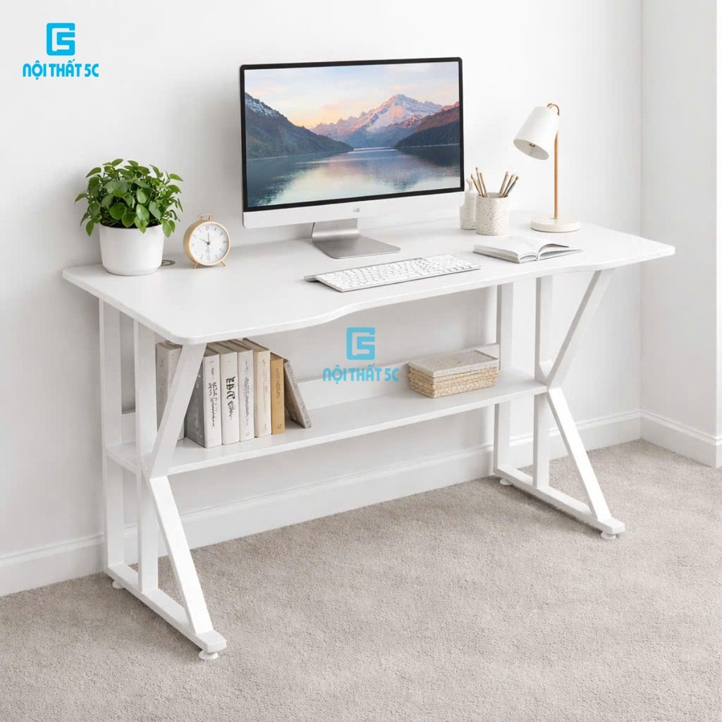 Bàn gaming, bàn làm việc có kệ lửng kèm phụ kiện giá đựng cốc và giá treo tai nghe tiện lợi