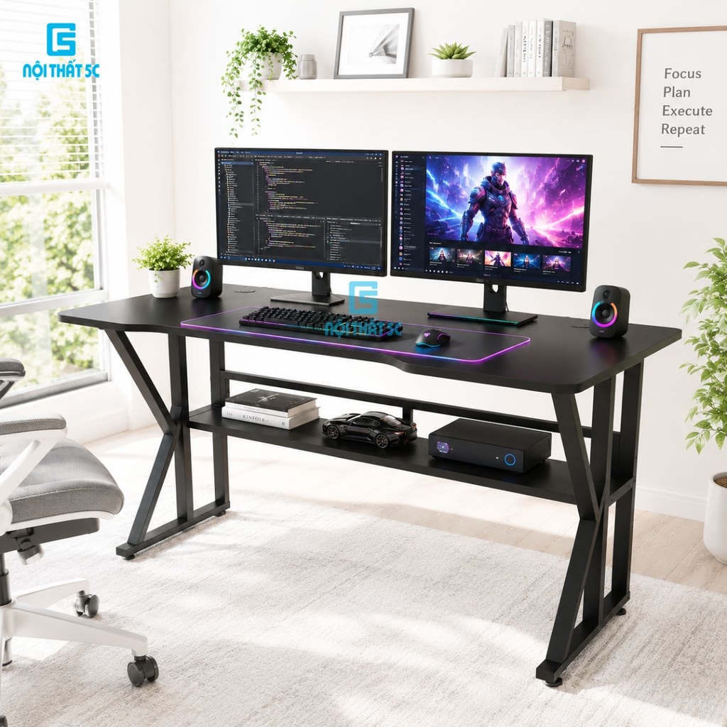 Bàn gaming, bàn làm việc có kệ lửng kèm phụ kiện giá đựng cốc và giá treo tai nghe tiện lợi