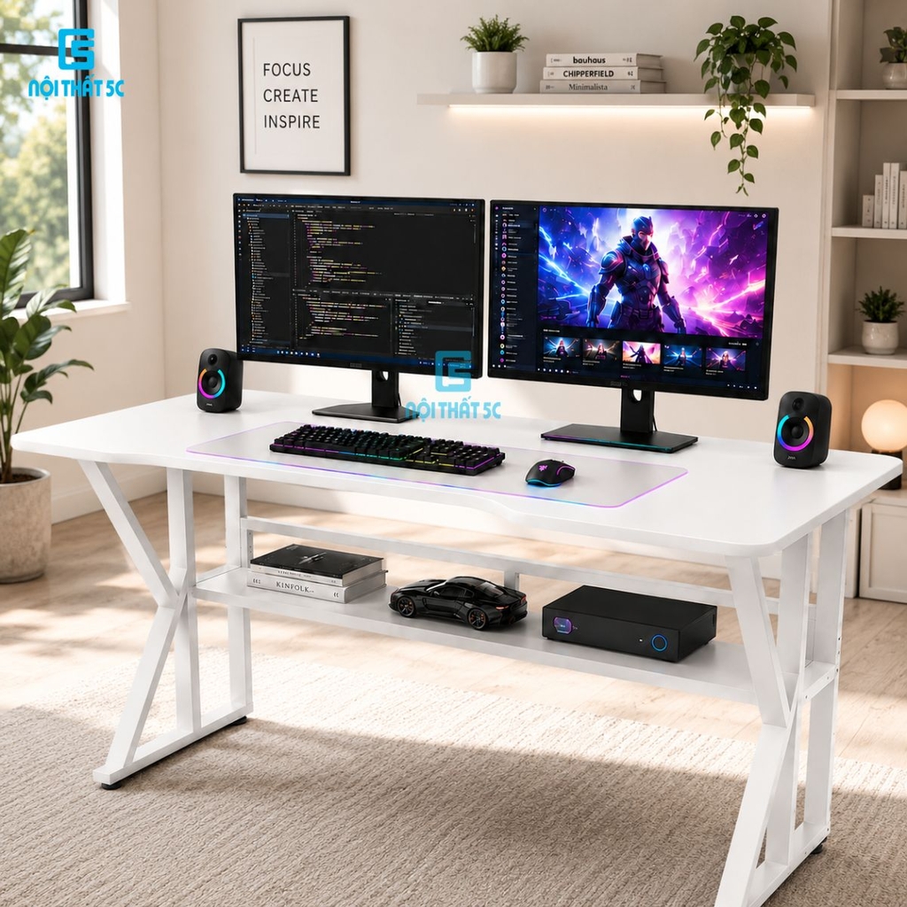Bàn gaming, bàn làm việc có kệ lửng kèm phụ kiện giá đựng cốc và giá treo tai nghe tiện lợi